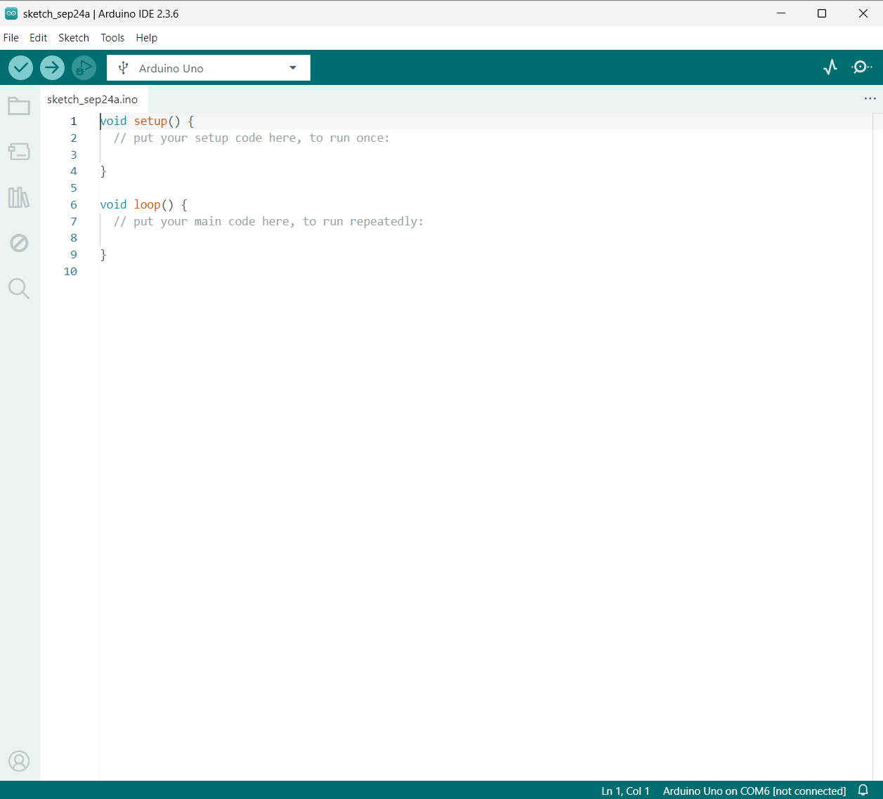 Setting up the Arduino IDE and connecting the Arduino Uno board to my laptop. This is Arduino's starting code, which pops up everytime the app is opened. Although not everything needed is downloaded from the library, the basic functions are already included.
