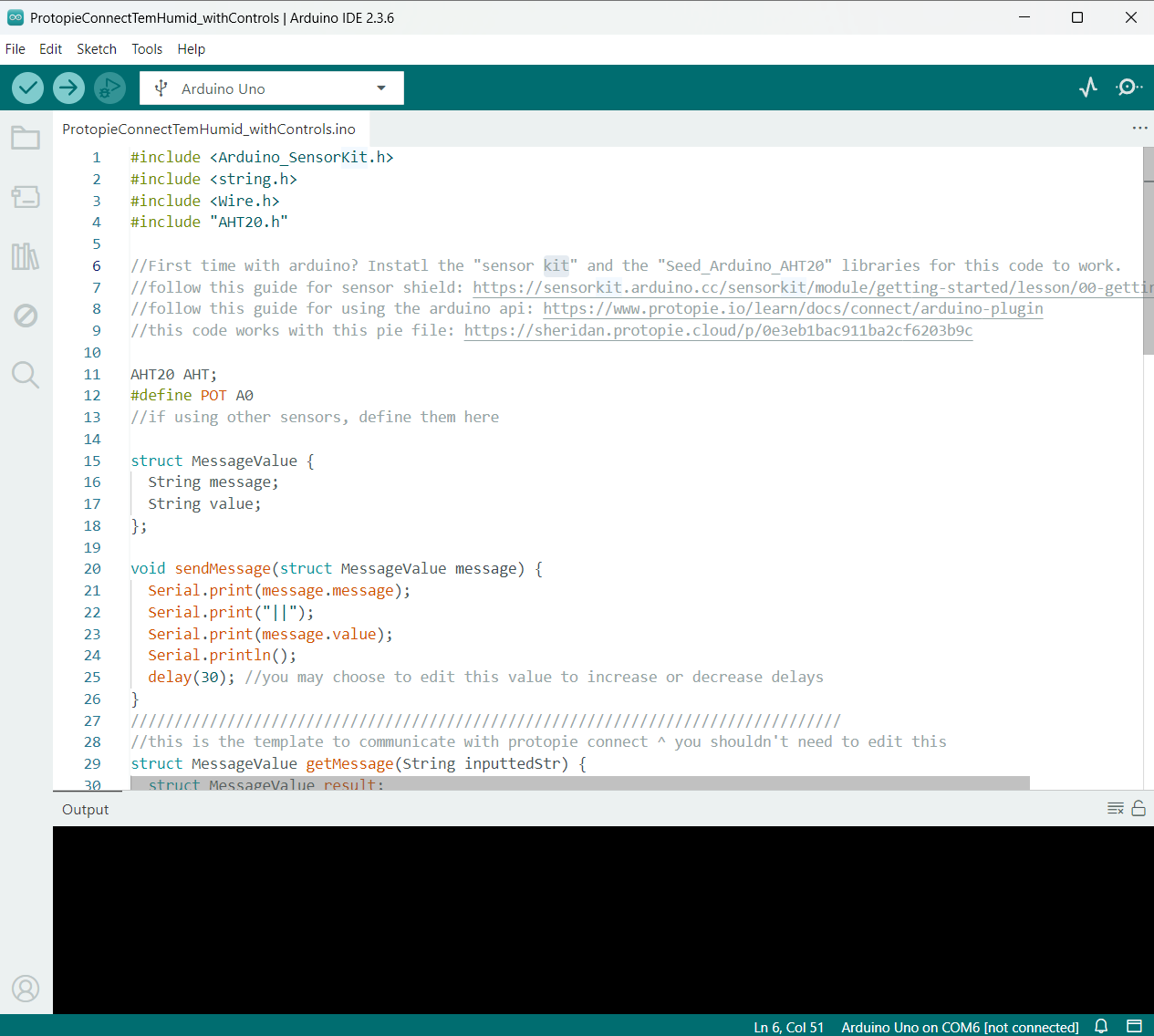 I imported the code TemHumid_withControls into Arduino IDE to control and declare variables for the sensors and ProtoPie display.