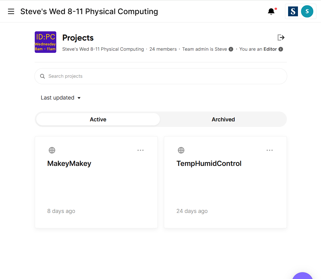 After loging into ProtoPie, I was able to access the codes for out class that includes the 'TempHumidControl' file. This is the final that we're focusing on using for today's class, it displays the location's real-time temperature and humidity.