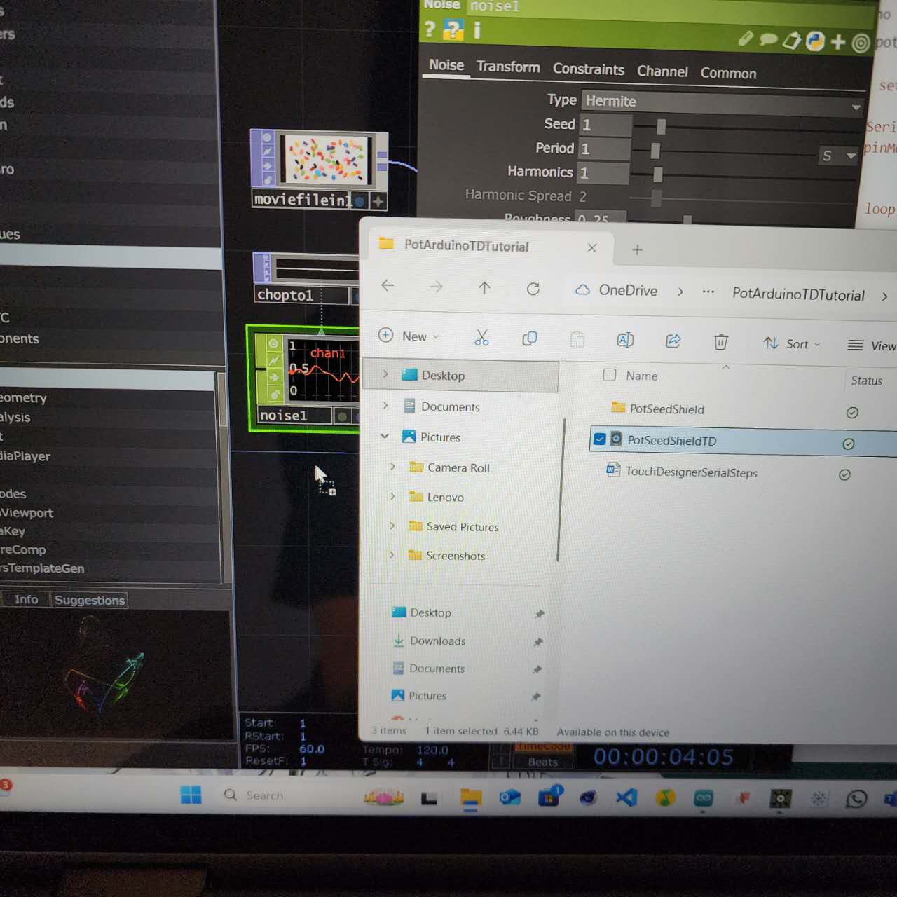 Importing the TouchDesigner file that was shared in class into TouchDesigner and experimenting with the code inside it.