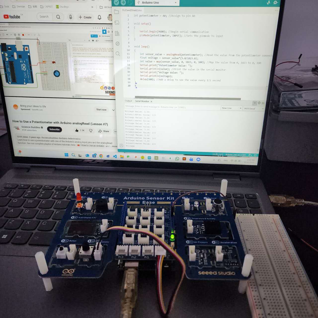 Coding the Arduino while following a video tutorial.